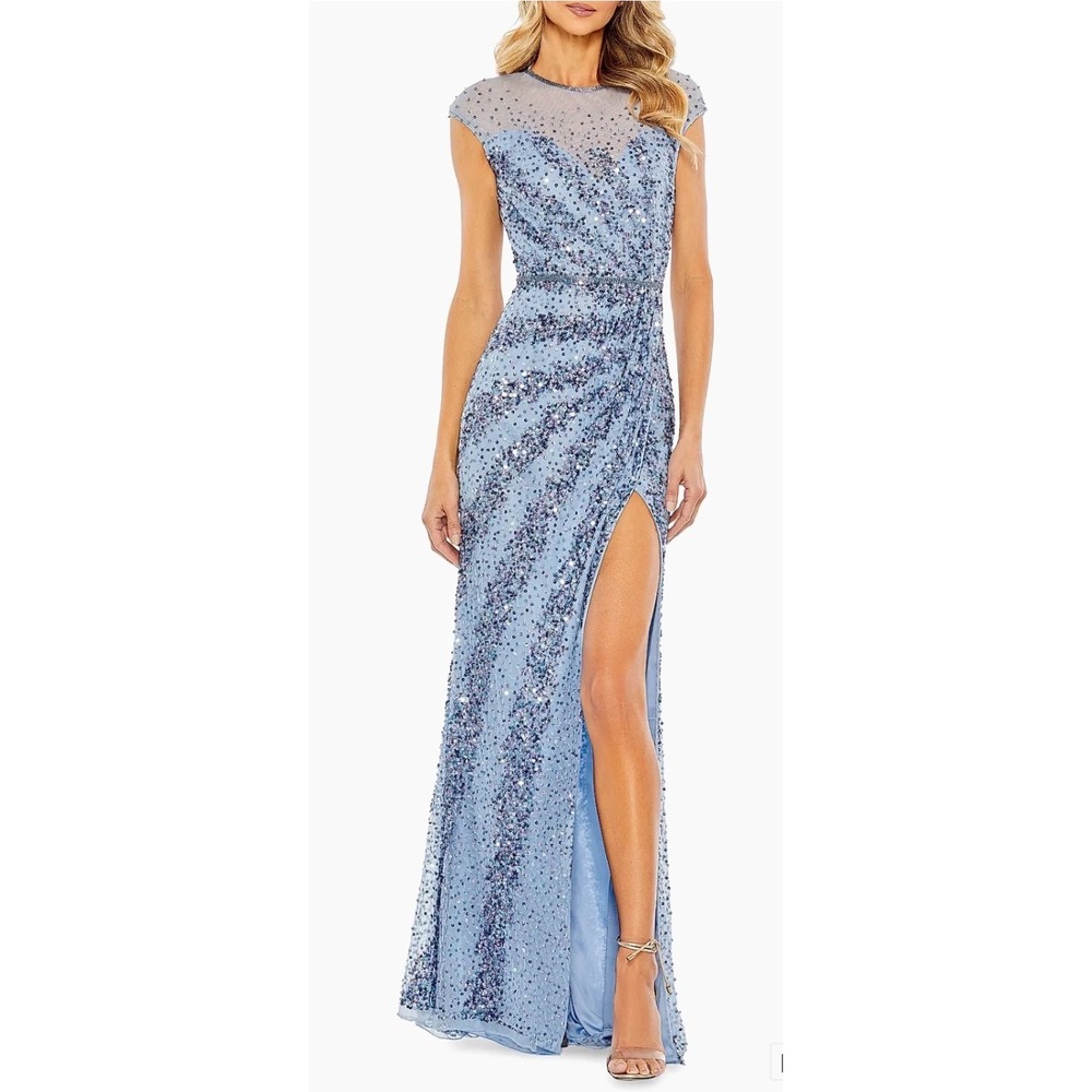 Mac Duggal Sequin Beaded Gown Powder Blue High Slit Formal Dress Size 6